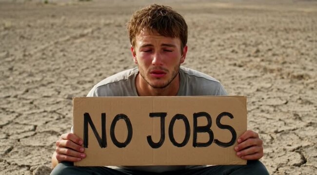 Desperate young man holding a 'No Jobs' sign in a parched landscape symbolizing economic hardship.