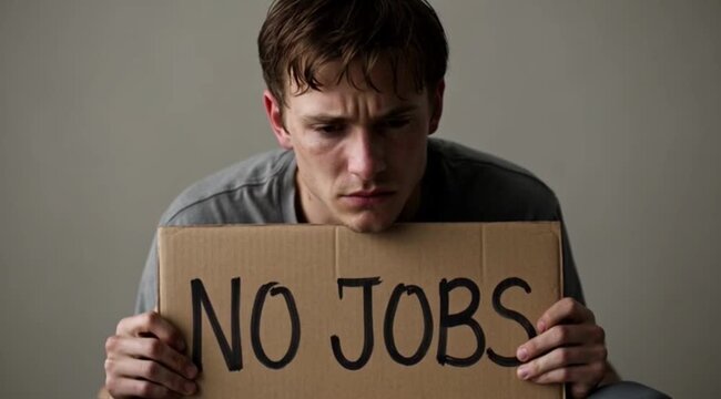 Young man feeling hopeless and dejected holding a cardboard sign saying "NO JOBS" due to unemployment.