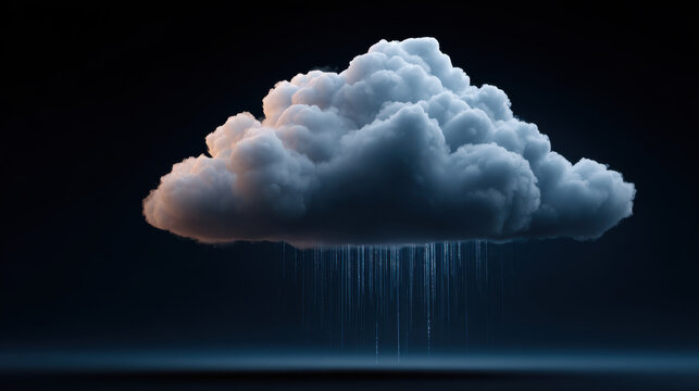 Fluffy cloud with glowing edges, digital rain falling from single cloud, dark moody background, atmospheric lighting, isolated concept