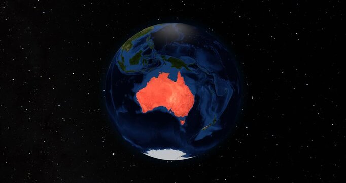 Australia on the Globe. Zoom into the country with the Earth spinning in space. High detail physical world map with Australia on it. Country view animation. Elements of this image furnished by NASA.