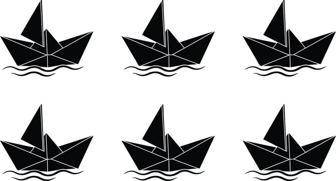A repeating pattern of six black paper boat icons sailing on stylized waves against white background