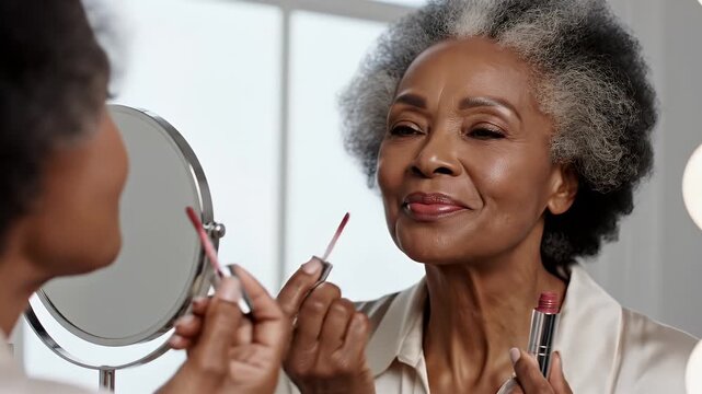 Elegant Senior Woman Applying Lipstick in Soft Light Reflecting in Mirror Beauty Routine Self Care Confidence Mature Female Makeup Application
