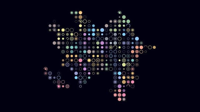 Azerbaijan map animation. Shape of the country with pulsating colored dots. Large size circle blocks. Digital style Azerbaijan map on dark background. Creative video.