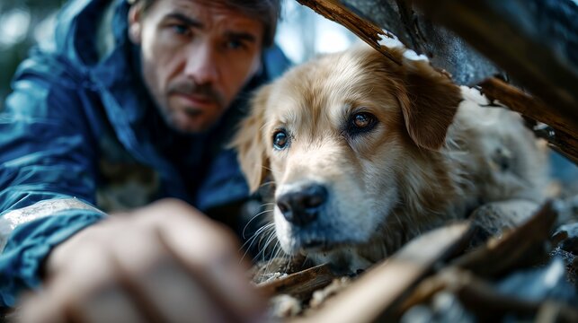Rescuer saving frightened dog trapped under wooden debris