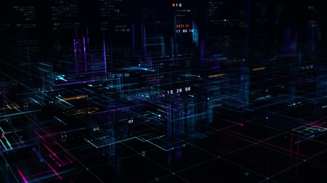 Abstract digital data network with glowing lines and big data flow visualization, representing AI analytics, cloud computing, and futuristic information technology infrastructure.