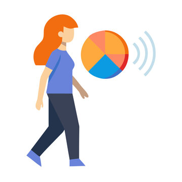 Person emitting sound waves while walking, female portrait with orange hair, pie chart split into segments. Ideal for communication, sound analysis, identity, data visualization, interaction See Less