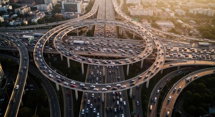 Obraz premium Intricate City Highway Interchange With Traffic Congestion At Sunset