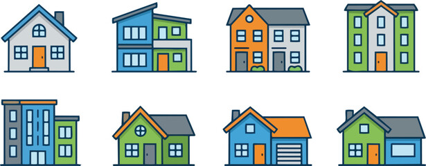 Obraz premium Collection of various house and residential building icons, colorful architectural vector illustrations of modern and traditional homes.