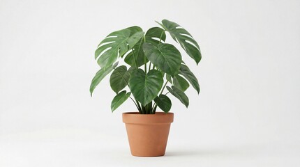 Fototapeta premium Potted monstera plant on white background, terracotta pot with glossy split leaves, soft studio lighting casting gentle shadows, clean modern interior styling with Scandinavian influence, botanical