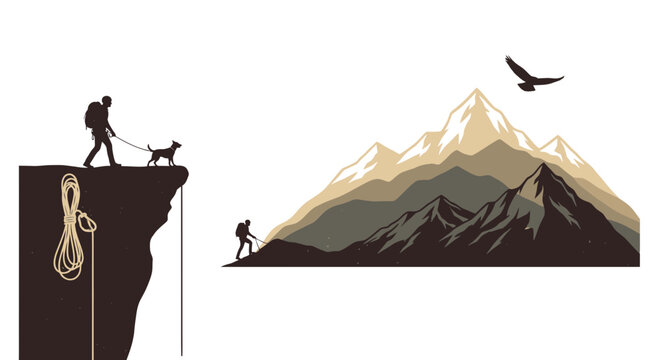 Mountain climbers with dog and bird silhouette against beige peaks