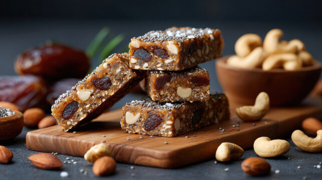 Date and cashew energy bars with visible cashew and date pieces stacked on wooden board with almonds and chia seeds for healthy snack appeal