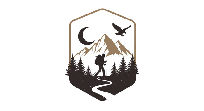 Mountain hiker silhouette logo with trees moon eagle vector illustration