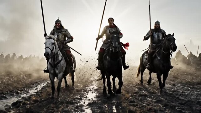Epic Medieval Cavalry Charge on Muddy Battlefield with Sunbeams