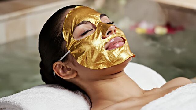 Relaxing Woman with Luxurious 24k Gold Sheet Mask Receiving Spa Treatment in Steaming Water Bath with Soft Lighting