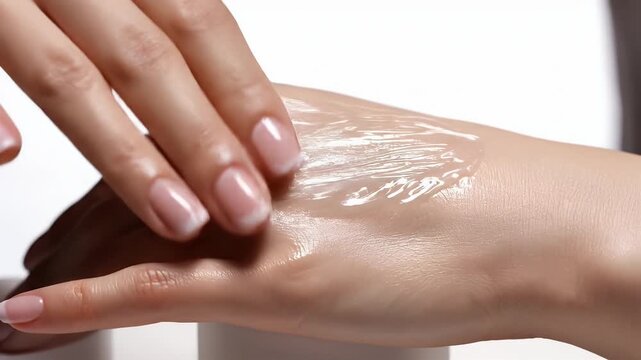 Snail Mucin Cream Product Application Close Up Clean White Background Professional Studio Lighting Minimalist Beauty Care