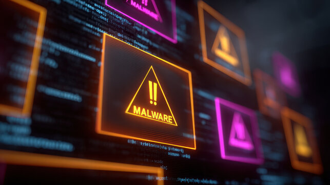 Malware warning icons glowing on dark code background, neon orange and magenta alert symbols signaling cyber threat and digital danger in futuristic network visualization