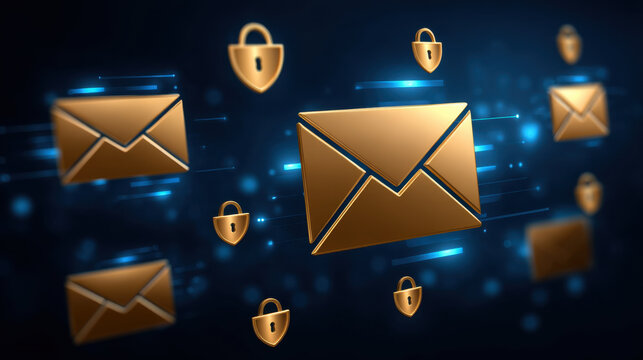 Golden envelope icons and padlock symbols streaming through blue digital network, representing secure email transmission and encryption protecting private message communication