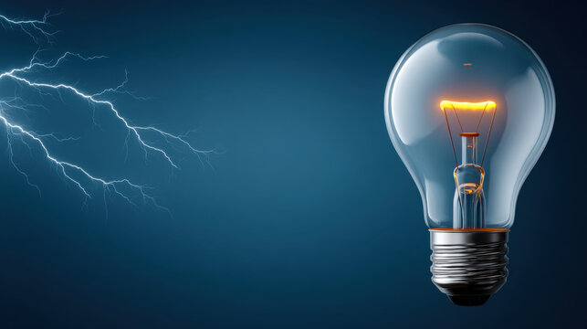 Glowing incandescent bulb lightning bolt electric concept innovation filament glow blue background energy idea power spark