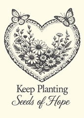Vintage floral heart with butterflies and inspirational quote for gardening and hope concept © bbilfunk