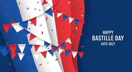 Fototapeta premium Happy Bastille Day Background with French Flag Colors, Bunting, and Confetti - July 14th National Day of France Celebration Vector
