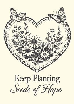 Vintage floral heart with butterflies and inspirational quote for gardening and hope concept