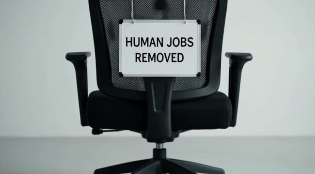Empty office chair with a sign stating "Human Jobs Removed" symbolizing job displacement and automation.