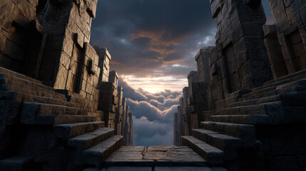 Fototapeta premium Stone sky bridge corridor with stairway opening to cloud filled horizon at sunset creating dramatic light and serene atmosphere
