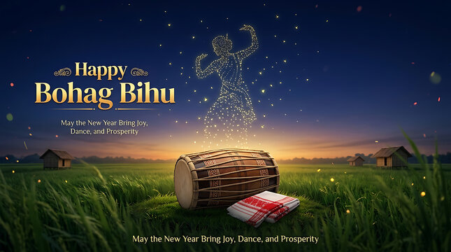 Happy bohag bihu celebration with traditional assamese drum and dance in a rural field at sunset