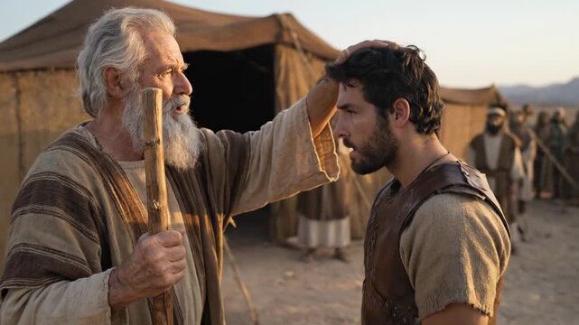 Cinematic biblical scene of Moses transferring leadership and blessing Joshua. Concept of succession, mentorship, and legacy.