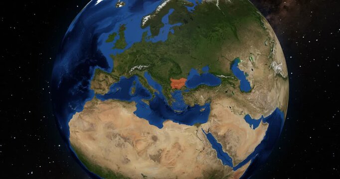 Bulgaria on the Globe. Zoom into the country with the Earth spinning in space. High detail physical world map with Bulgaria on it. Country view animation. Elements of this image furnished by NASA.