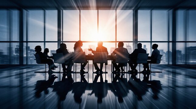 Silhouettes of a business team meeting in a modern office boardroom with a city skyline view at sunset.