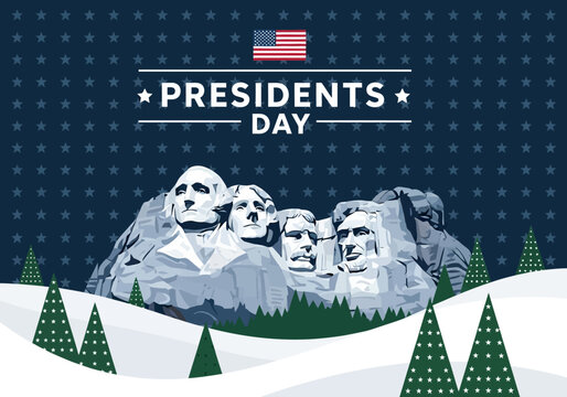 Presidents Day Celebration Banner with Mount Rushmore Illustration, American Flag and Snowy Landscape Background