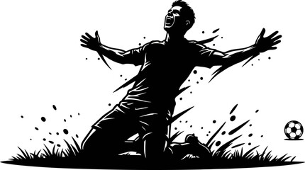 Fototapeta premium Soccer Player Celebrating Goal Silhouette, Winning Moment Football Athlete Ink Illustration