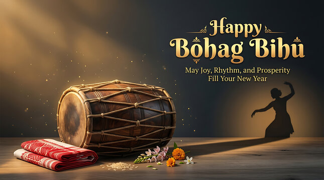Bohag bihu celebration with traditional assamese drum and dancer silhouette