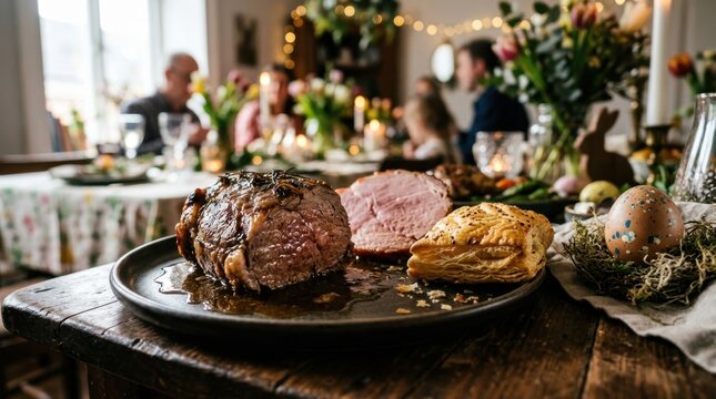 Sumptuous roast beef and ham centerpiece at a festive family dinner party with warm bokeh lights