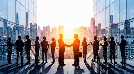 Obraz premium Business people shaking hands and networking in a modern office overlooking a cityscape at sunset with network connections