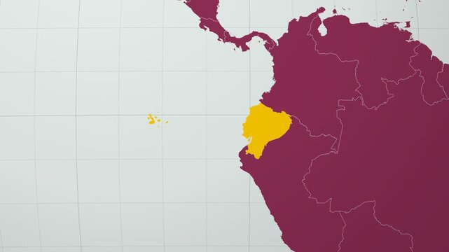 Ecuador map. Animated zoom into the country on the Globe in Pale Mint Dark Pink color palette. Country logo animation with round text and airplanes. Map with meridians, parallels. Artistic video.