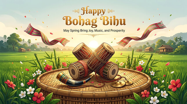 Happy bohag bihu celebration with traditional assamese music instrument dhol in a lush green field with flowers