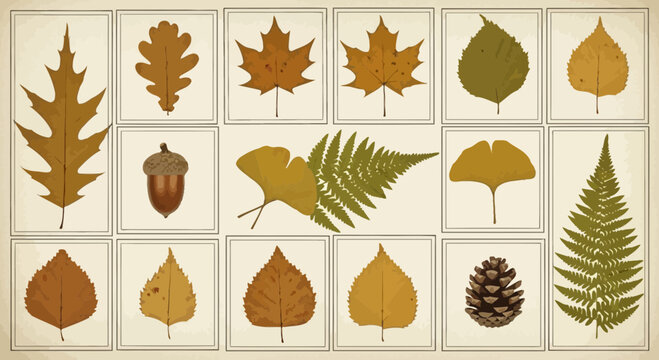 Variety of autumn leaves and natural elements displayed in an educational arrangement