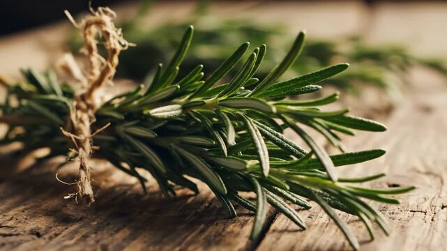 Bunch of Fragrant Rosemary Sprigs Tied With Twine on a Rustic Wooden Surface