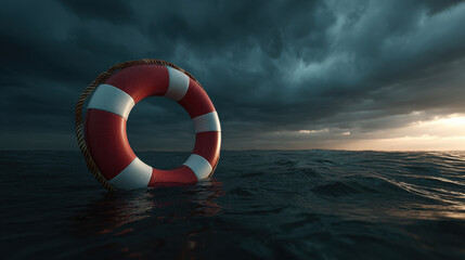 Naklejka premium Lifebuoy floating on dark stormy sea under dramatic cloudy sky with distant light on horizon, conveying tension and hope in maritime rescue scene