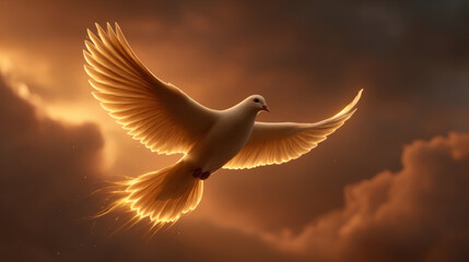 Obraz premium Golden dove glowing in warm light with outstretched wings soaring through dramatic sunset clouds in serene sky, evoking peace and majestic motion