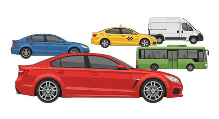 Fototapeta premium Variety of colorful cars and vehicles in vector illustration format