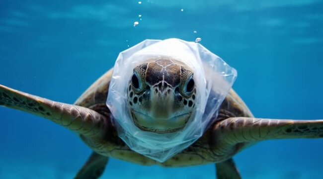 Sea turtle with its head trapped inside a plastic bag floating in the ocean.