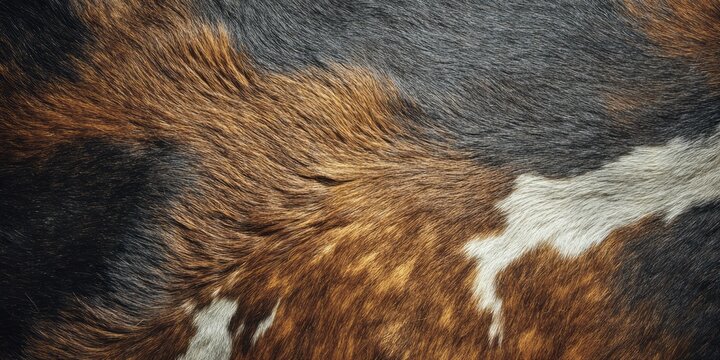 Textured surface displays natural pattern of brown, black, and white animal hide