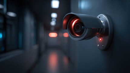 Fototapeta premium Security camera mounted on corridor wall with glowing red indicator, surveillance lens focused on hallway and blurred background lights conveying vigilance and modern monitoring