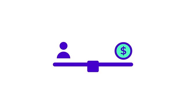 Balanced scale showing a person and a currency sign to represent fair financial trade and equal value exchange in a secure and honest marketplace