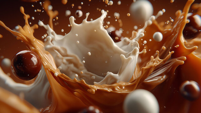 The rich milk swirls in the caramel, capturing a dynamic movement. Bubbles and droplets burst in warm, sparkling bursts.