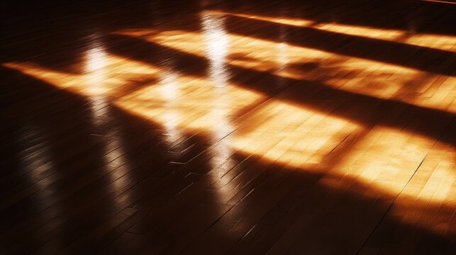 Sunlight streams through windows, casting shadows on a polished wooden floor