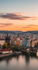Obraz premium Majestic Cityscape At Sunset Over The River With Iconic Architecture